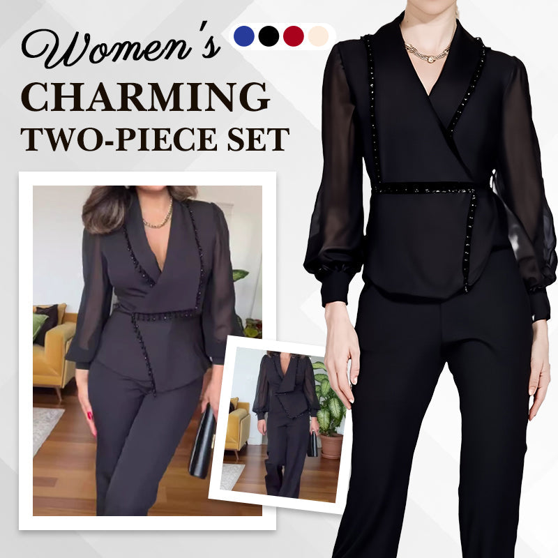 Women's Mesh Beaded Top & Wide-Leg Pants Set