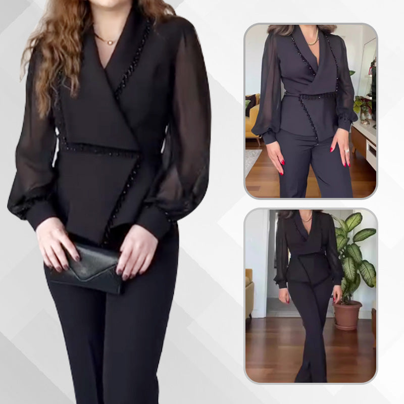 Women's Mesh Beaded Top & Wide-Leg Pants Set