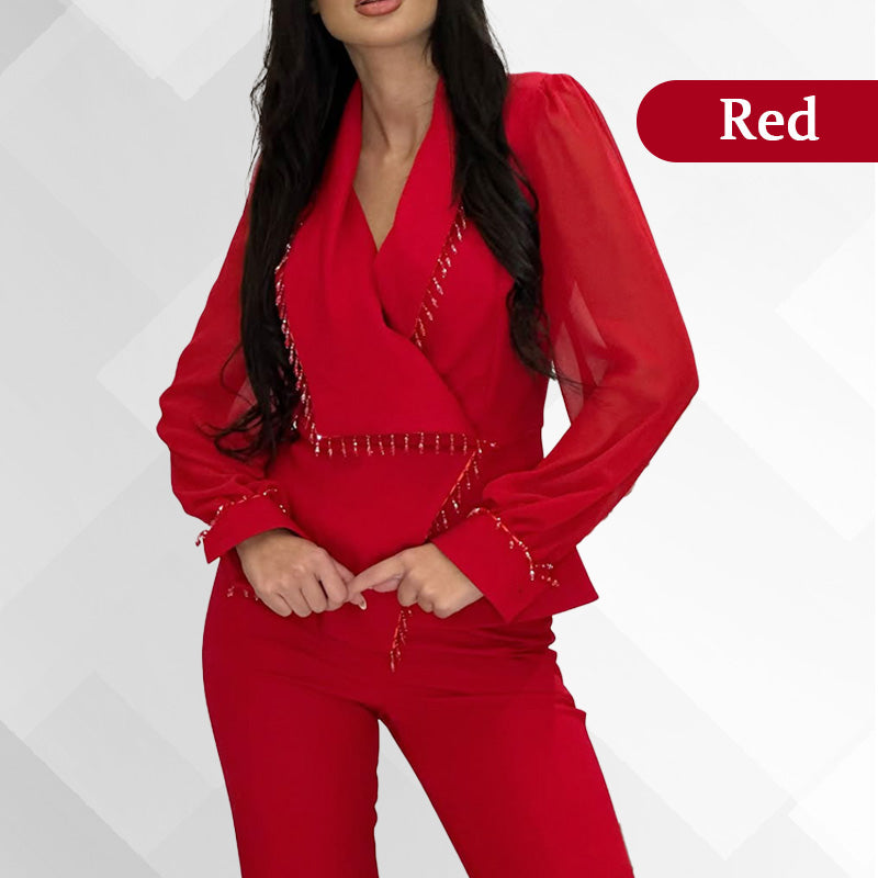 Women's Mesh Beaded Top & Wide-Leg Pants Set