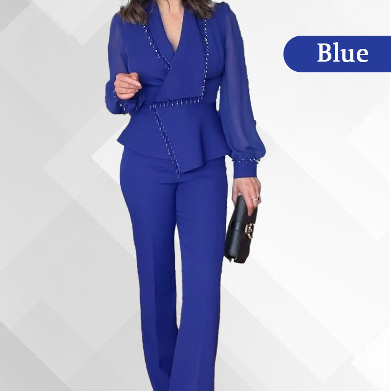 Women's Mesh Beaded Top & Wide-Leg Pants Set